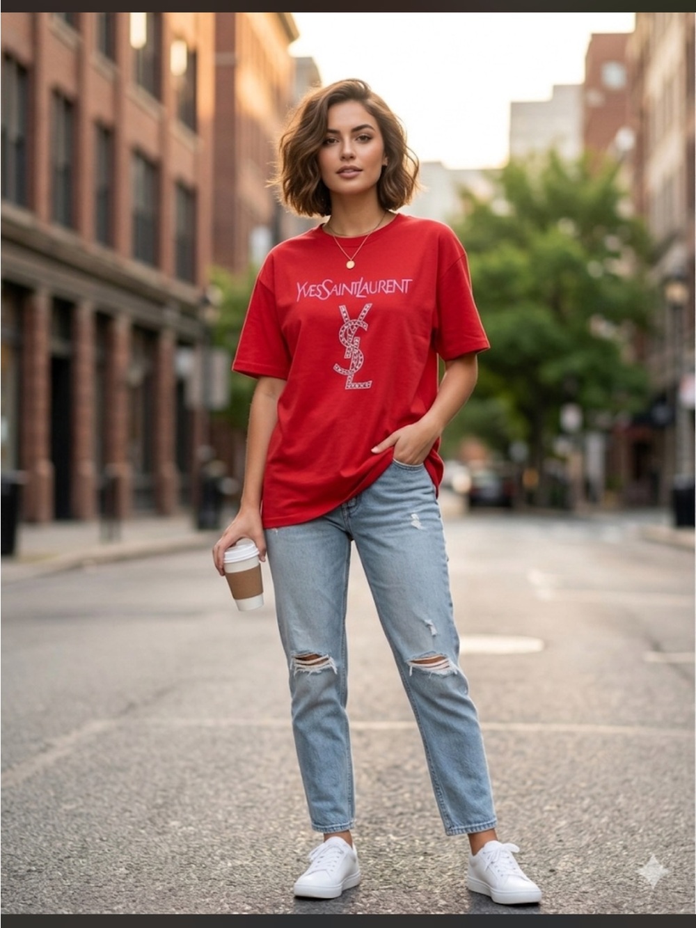 Brand New !Fashion Shirt  Laurent Red Men's Logo Tee with Embellished READ 👇